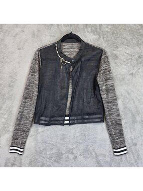 AVIU Jacket Womens S Black Faux Leather Mesh Varsity Rhinestone Trim Short